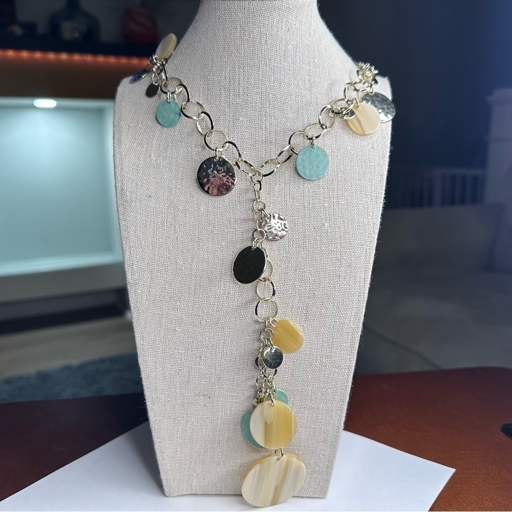 Chico’s Goldtone Chain Y Necklace Tan + Minty Blue Flat Citcle Beads 26-31”